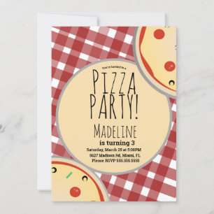 Convite Xadrez Vermelho de Aniversário de Pizza Mo
