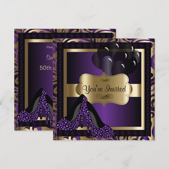 Convites 00ª Festa de aniversário| Púrpura Leopardo de salt (Frente/Verso)