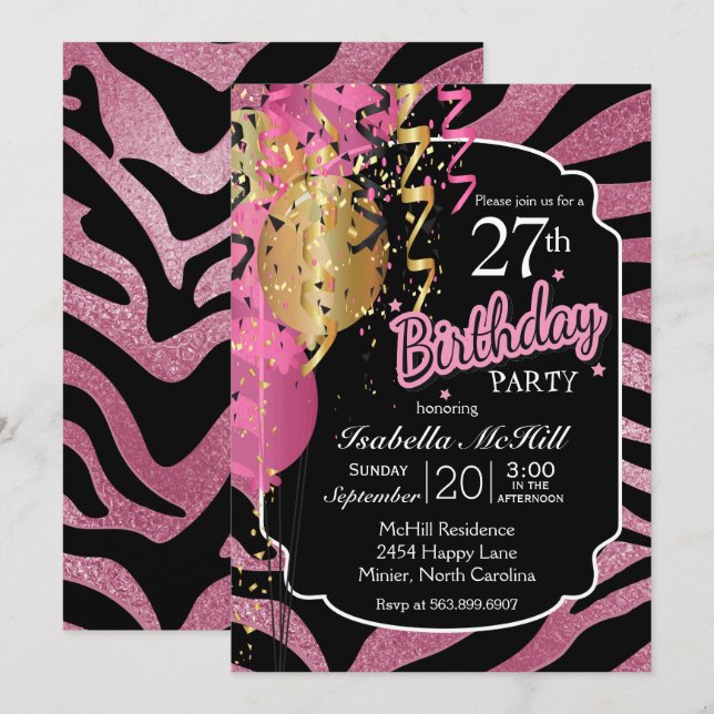 Convites 00º Aniversário - Listras de Zebra Rosa e Preto (Frente/Verso)