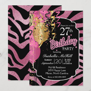 Convites 00º Aniversário - Listras de Zebra Rosa e Preto