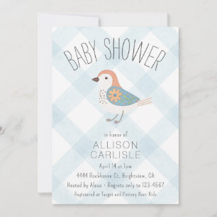 Convites 001 Céu Azul Bebê Floral Bird Xadrez Chá de Bebê