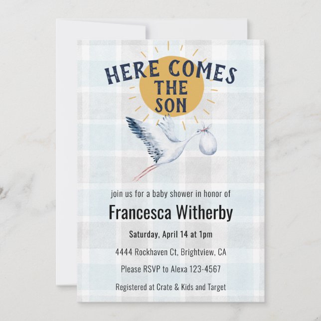 Convites 001 Sky 020 Fog Sun Plaid Stork Baby Shower (Frente)