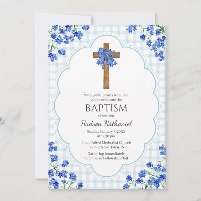 Convites 001 Sky Blue Blossom Rustic Cross Design Baptism (Frente)