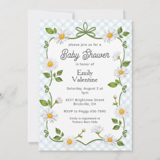Convites 001 Sky Blue Daisy Plaid Baby Shower