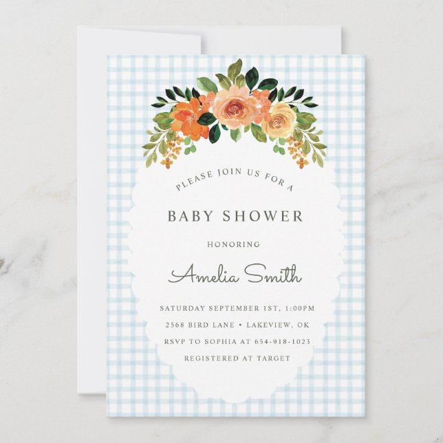 Convites 001 Sky Blue Floral Gingham Baby Shower Invitation (Frente)