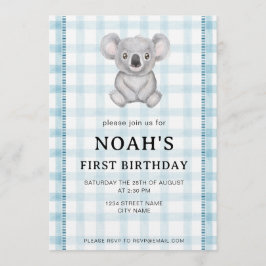 Convites 001 Sky Blue Plaid Koala 1st Birthday Invitation