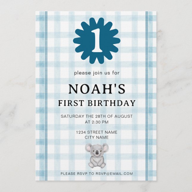Convites 001 Sky Watercolor Check Koala Birthday Invitation (Frente)