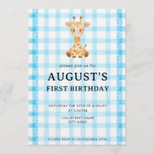 002 Cerulean Blue Check Giraffe Birthday Invite