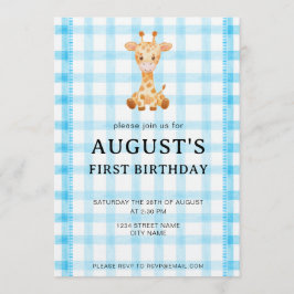 Convites 002 Cerulean Blue Check Giraffe Birthday Invite