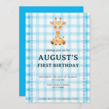 002 Cerulean Blue Check Giraffe Birthday Invite
