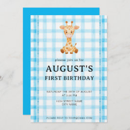 Convites 002 Cerulean Blue Check Giraffe Birthday Invite
