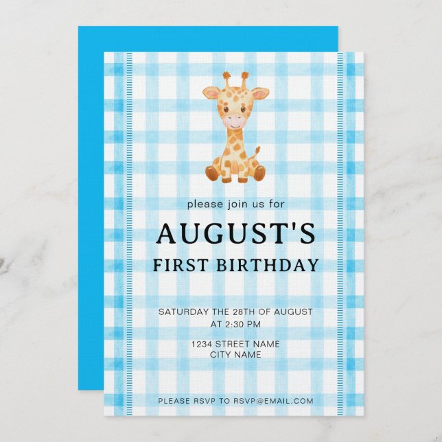 Convites 002 Cerulean Blue Check Giraffe Birthday Invite (Frente/Verso)