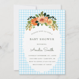 Convites 002 Cerulean Floral Gingham Baby Shower Invitation