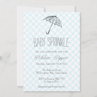 Convites 002 Guarda-chuva Moderno Azul Bébé Sprinkle Gingha