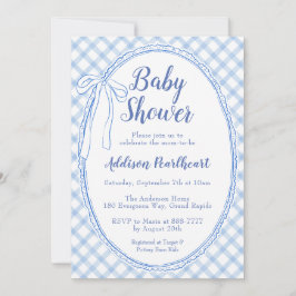 Convites 003 Azul Cobalto Lace Gingham Chá de Bebê Herança