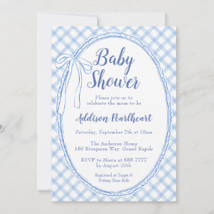 Convites 003 Azul Cobalto Lace Gingham Chá de Bebê Herança 