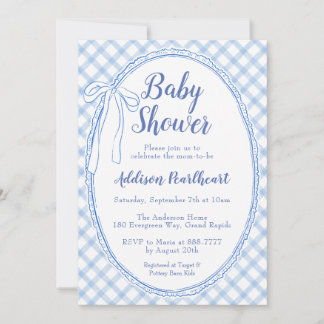 Convites 003 Azul Cobalto Lace Gingham Chá de Bebê Herança 