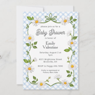 Convites 003 Cobalt Blue Floral Daisy Plaid Baby Shower