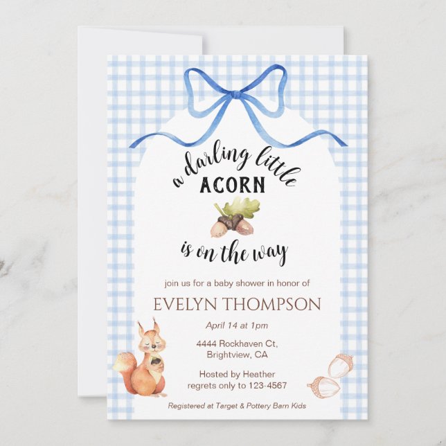 Convites 003 Cobalt Blue Squirrel Acorn Gingham Baby Shower (Frente)
