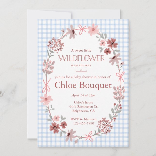Convites 003 Cobalt Blue Wildflower Bow Gingham Baby Shower (Frente)