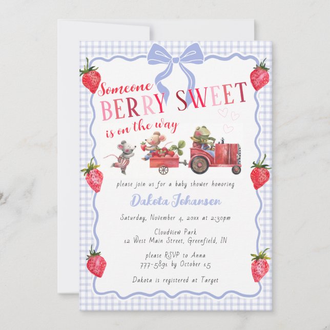 Convites 004 Chá de Bebê Indigo Gingham Berry Sweet Farm (Frente)