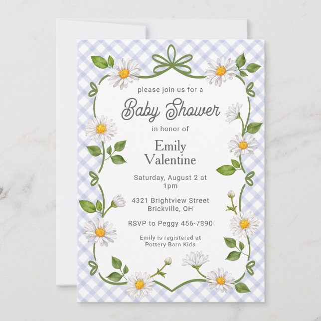 Convites 004 Indigo Blue Floral Daisy Plaid Baby Shower (Frente)