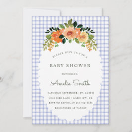 Convites 004 Indigo Floral Gingham Baby Shower Invitations
