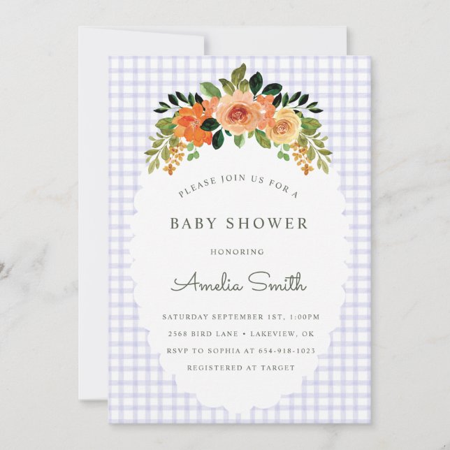 Convites 005 Iris Floral Gingham Baby Shower Invitations (Frente)