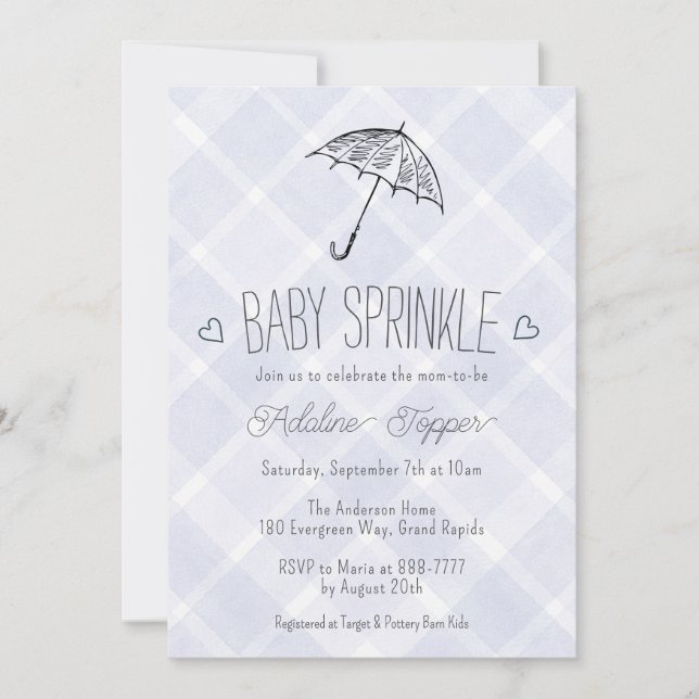 Convites 005 Iris Plaid Umbrella Baby Sprinkle Shower (Frente)