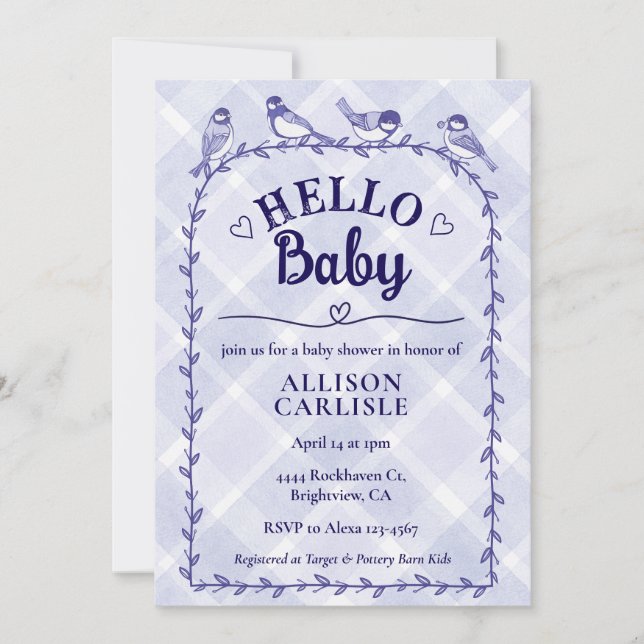 Convites 005 Iris Watercolor Gingham Birds Baby Shower (Frente)