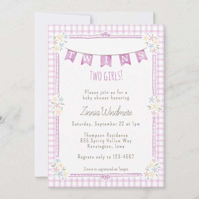 Convites 006 Ginga Floral Roxo Gêmeos Chá de Bebê (Frente)