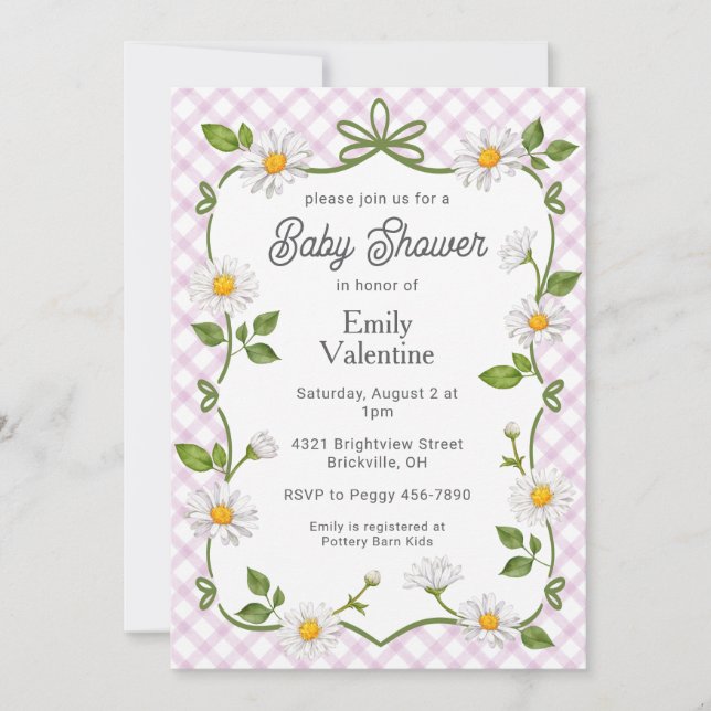 Convites 006 Vinho Roxo Floral Daisy Xadrez Chã de Bebê (Frente)
