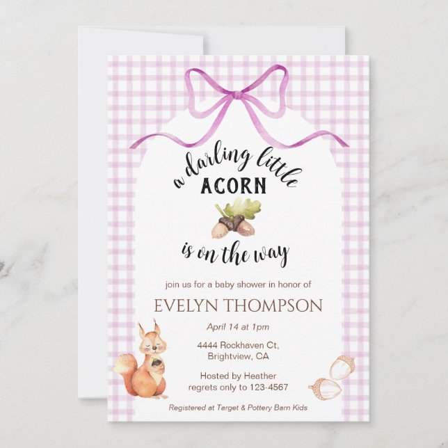Convites 006 Wine Cute Squirrel Acorn Gingham Baby Shower (Frente)