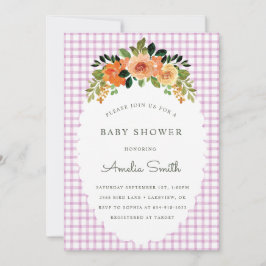 Convites 006 Wine Floral Gingham Baby Shower Invitations