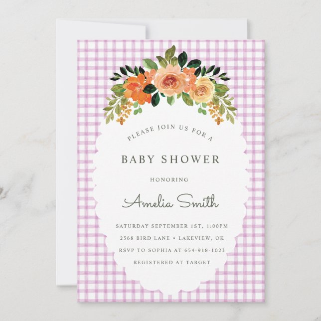 Convites 006 Wine Floral Gingham Baby Shower Invitations (Frente)