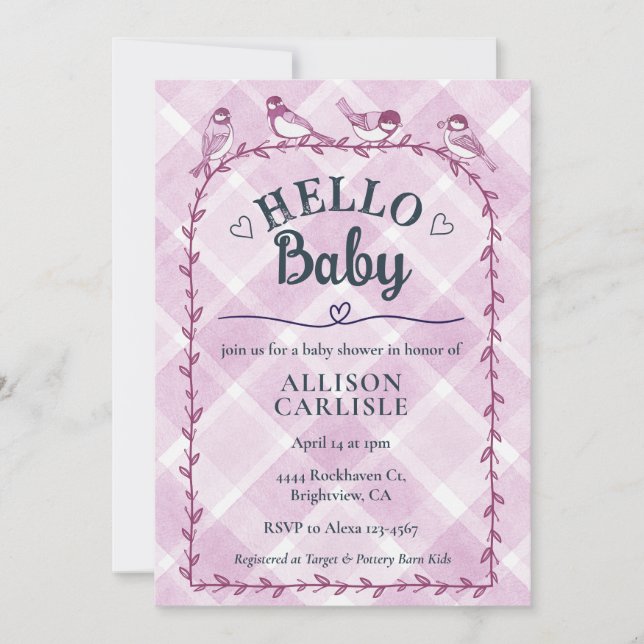Convites 006 Wine Watercolor Gingham Birds Baby Shower (Frente)