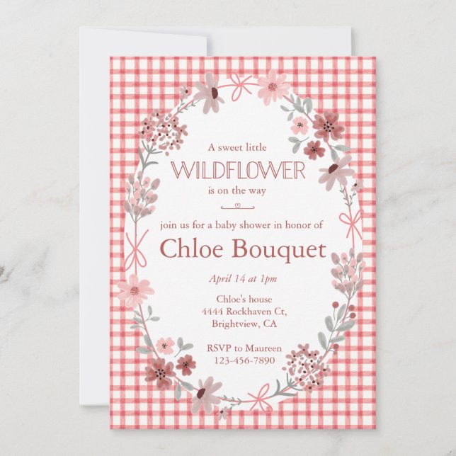 Convites 007 Red Boho Wildflower Bow Gingham Baby Shower (Frente)