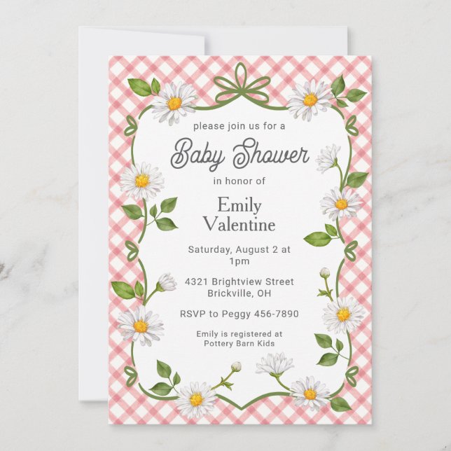 Convites 007 Red Floral Daisy Plaid Baby Shower (Frente)