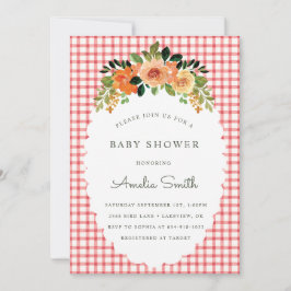 Convites 007 Red Floral Gingham Baby Shower Invitations