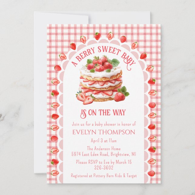 Convites 007 Red Gingham Strawberry Shortcake Baby Shower (Frente)