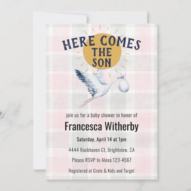 Convites 008 Blush 020 Névoa Plaid Cegonha Chá de Bebê (Frente)