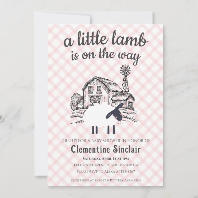 Convites 008 Blush A Little Lamb Farm Gingham Baby Shower (Frente)