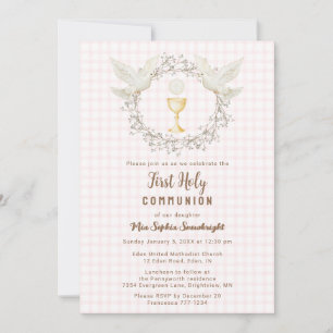 Convites 008 Blush Dove & Chalice Gingham Primeira Comunhão