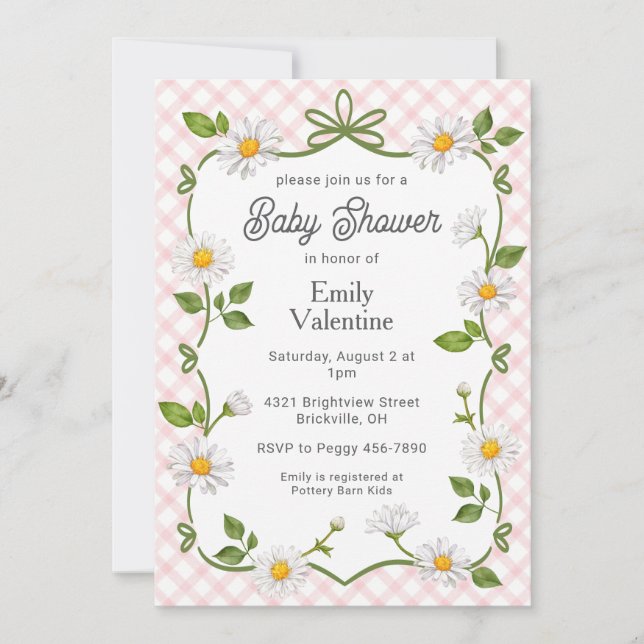 Convites 008 Blush Pink Floral Daisy Plaid Baby Shower (Frente)