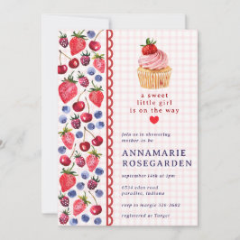 Convites 008 Rosa Bege Patch de Morango Cupcake Chá de Bebê