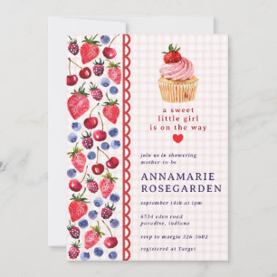 Convites 008 Rosa Bege Patch de Morango Cupcake Chá de Bebê