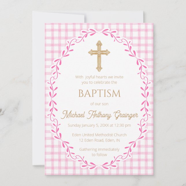 Convites 009 Fuchsia Botanical Vine Ornate Cross Baptism (Frente)