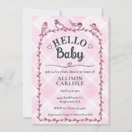 Convites 009 Fúcsia Xadrez Aquarela Chá de Bebê Pássaros