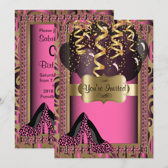 Convites 00th Leopardo cor-de-rosa dos saltos altos da (Frente/Verso)