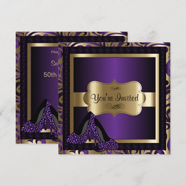 Convites 00th Saltos altos roxos do leopardo da festa de (Frente/Verso)
